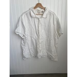 J. Jill Shirt Women's 3XL White 100% Linen Button Up Blouse, Short sleeve, light